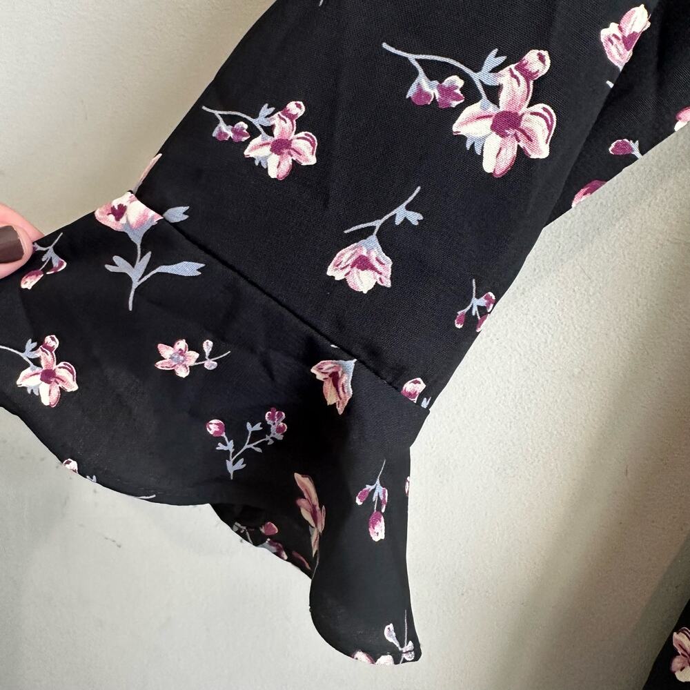 Lulus Love Blossoms Black Floral Print Button-Up Flounce Sleeve Dress S NEW - Picture 4 of 11